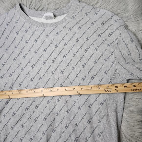 🦃 Champion Sweater Diagonal Logo Fleece Lined Gray Sweatshirt Sz Medium - Picture 8 of 9